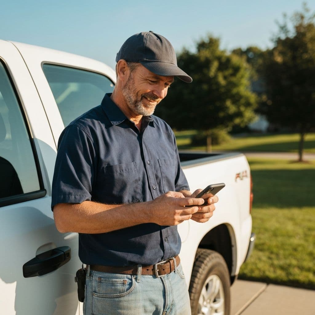 A contractor checking his phone next to his work truck on a sunny morning