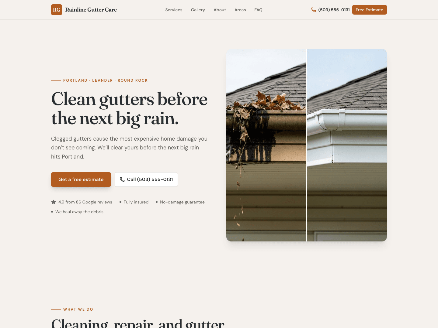 Gutter cleaning website design mockup