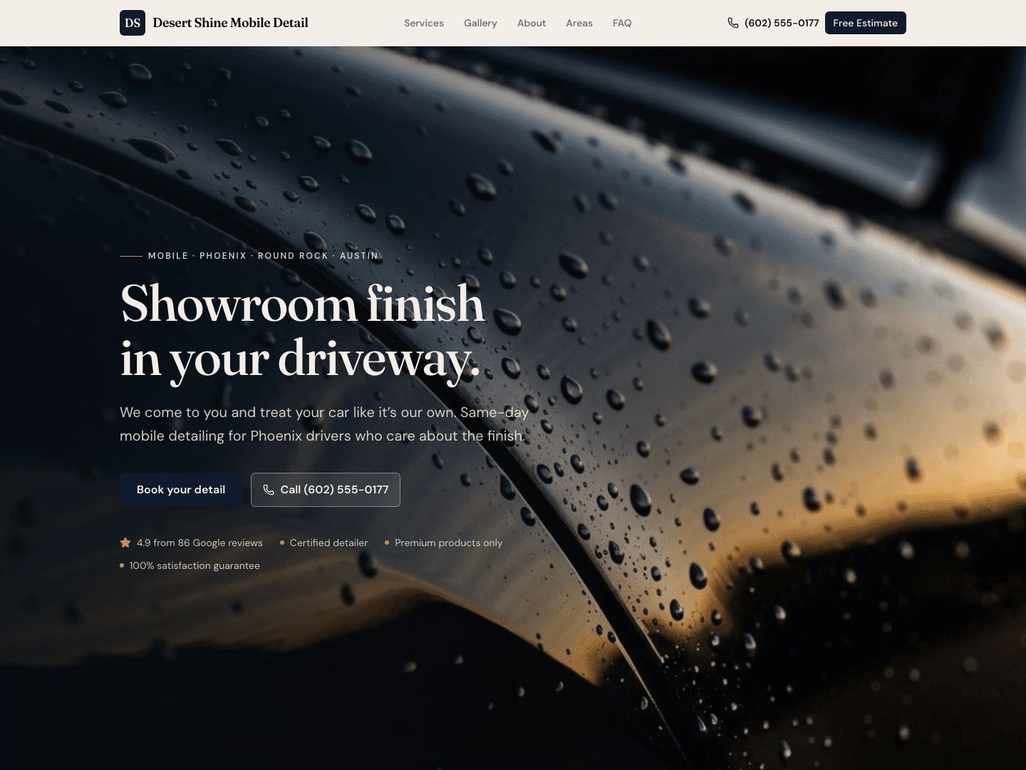 Mobile detailing website homepage mockup